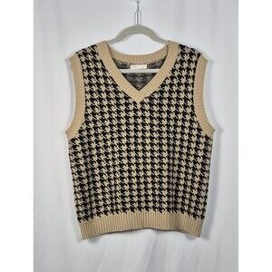 Women's Size S Tan & Black Houndstooth Oversized V Neck Sweater Vest Old Money